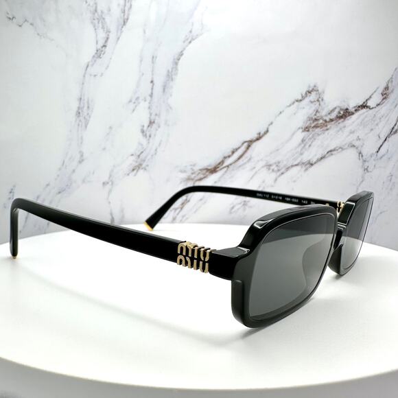 MIU MIU Sunglasses New Black Square Rectangle Acetate Gold Metal Logo Authentic - Picture 15 of 16